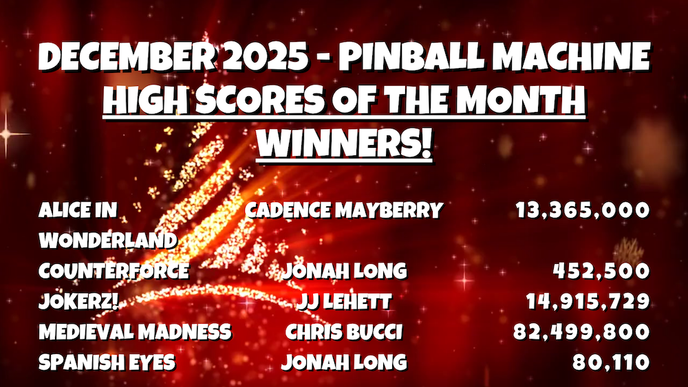 December 2025 Pinball Machine Monthly High Score Winners